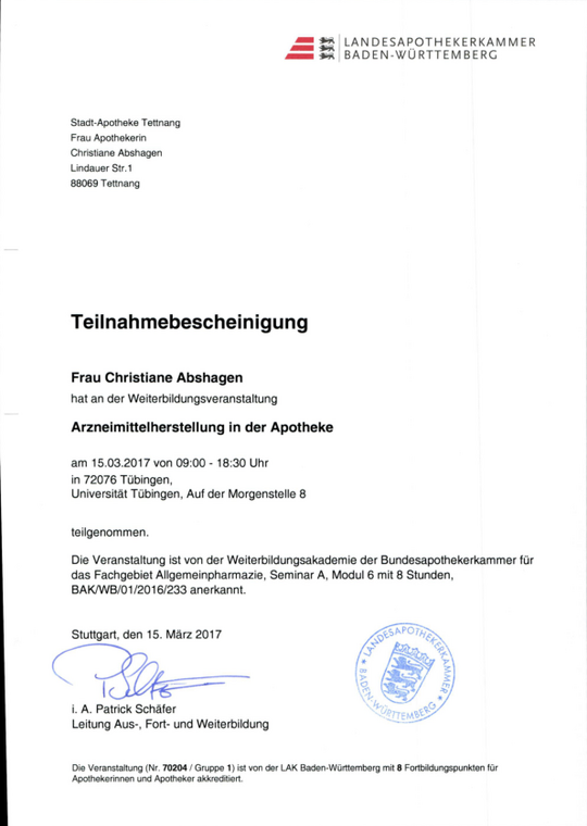 Stadtapotheke Tettnang Zertifikat