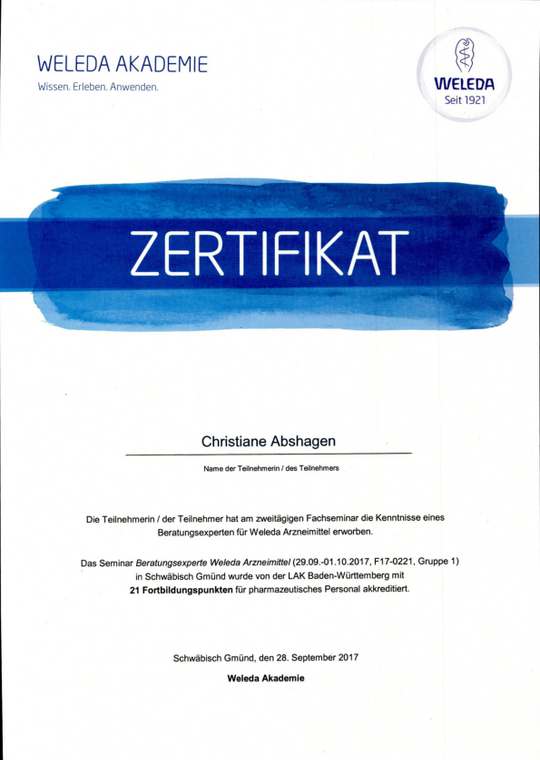 Stadtapotheke Tettnang Zertifikat