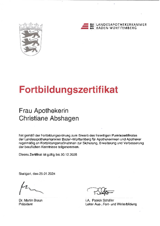 Stadtapotheke Tettnang Zertifikat