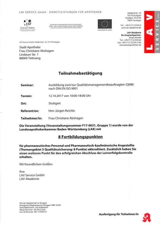 Stadtapotheke Tettnang Zertifikat