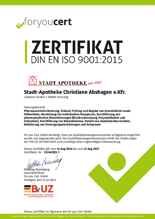 Stadtapotheke Tettnang Zertifikat